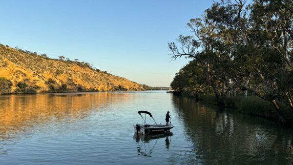 A person is fishing from a boat in a river with trees overhanging the river banks