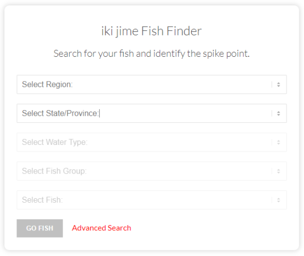 A preview of the iki jime fish finder form where users can search different locations and fish species to find their spike point